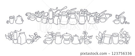 Coffee line design set Espresso cup, abstract bean Coffee line design set Espresso cup, abstract bean 123756336