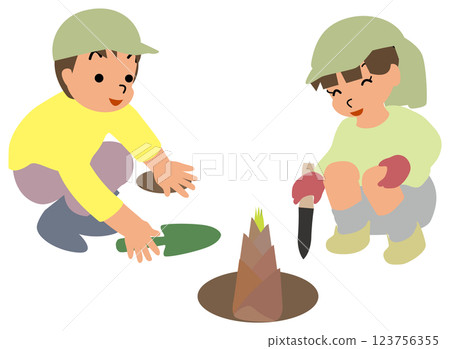 Illustration of children picking bamboo shoots 01 Brother and sister trying to dig up bamboo shoots with a knife and shovel 123756355
