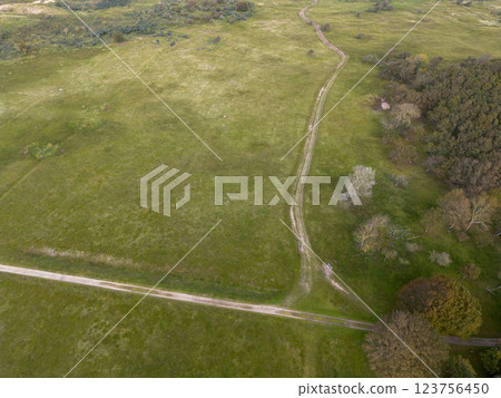 Aerial view of a grassy landscape with intersecting dirt paths, surrounded by scattered trees and open green fields, capturing a tranquil and natural outdoor scene. Aerial view of a grassy landscape with intersecting dirt paths, surrounded by scattered trees and open green fields, capturing a tranquil and natural outdoor scene. 123756450