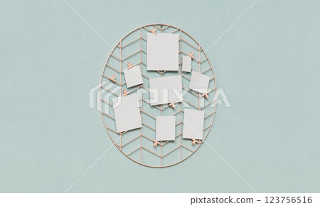 Blank Paper Hanging on Circle Grid Board with Clip Mock up. 3D Rendering 123756516