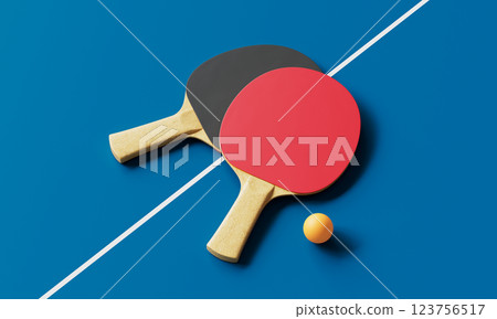 Ping Pong Racket and ball on Blue Table. 3D Rendering 123756517