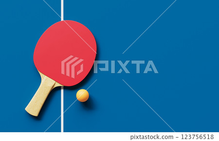 Ping Pong Racket and ball on Blue Table. 3D Rendering Ping Pong Racket and ball on Blue Table. 3D Rendering 123756518