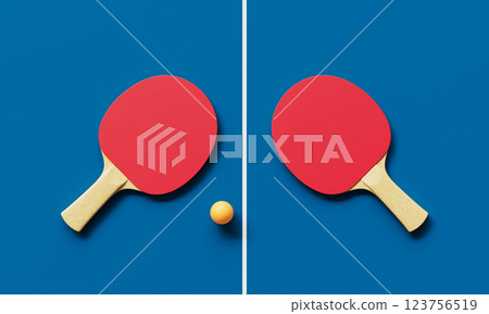 Ping Pong Racket and ball on Blue Table. 3D Rendering 123756519