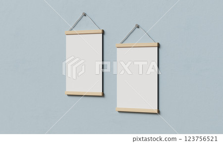 Blank Wooden Poster hanging on the Wall. 3D Rendering Mock up Blank Wooden Poster hanging on the Wall. 3D Rendering Mock up 123756521