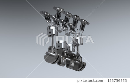 Engine Block, Pistons and Crankshaft of Internal Combustion Engine . 3D Rendering. 123756553