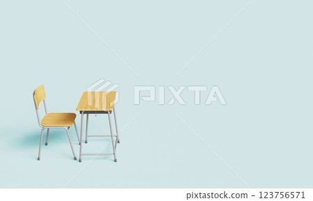 School Desk and Chair with Light Blue Background. 3D Rendering School Desk and Chair with Light Blue Background. 3D Rendering 123756571