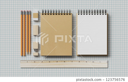 Stationery Set on Grid Background Mock up. 3D Rendering 123756576