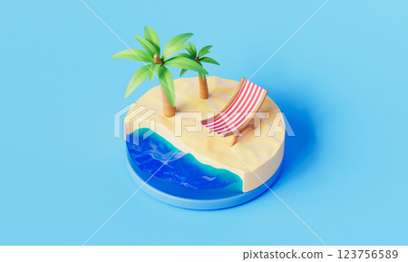 Tropical Island with Beach Chair and Palm Tree Isometric. 3D Rendering 123756589