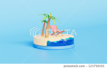 Tropical Island with Beach Chair and Palm Tree Isometric. 3D Rendering Tropical Island with Beach Chair and Palm Tree Isometric. 3D Rendering 123756591