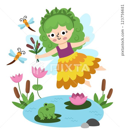 Vector scene with swamp fairy, reed, pond, dragonfly, water lily. Funny composition with little girl. Cute scenery with magic princess with wings. Fantasy scene illustration. Fairytale picture for Vector scene with swamp fairy, reed, pond, dragonfly, water lily. Funny composition with little girl. Cute scenery with magic princess with wings. Fantasy scene illustration. Fairytale picture for 123756681