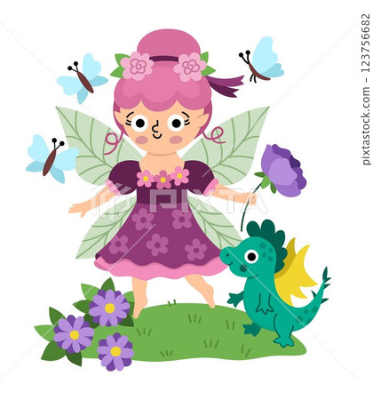Vector scene with flower fairy, rose, butterfly, dragon. Funny composition with little girl. Cute scenery with magic princess with wings, meadow. Fantasy scene illustration. Fairytale picture for kid 123756682