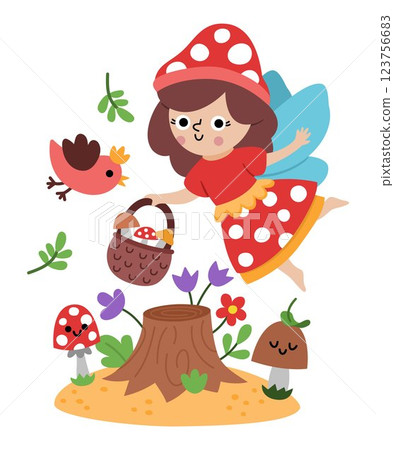 Vector scene with mushroom fairy, basket, bird, stump. Funny composition with little girl. Cute scenery with magic princess with wings, meadow. Fantasy scene illustration. Fairytale picture for kid Vector scene with mushroom fairy, basket, bird, stump. Funny composition with little girl. Cute scenery with magic princess with wings, meadow. Fantasy scene illustration. Fairytale picture for kid 123756683