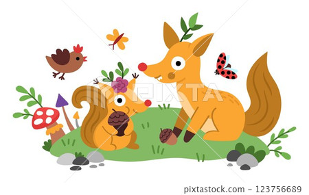 Vector scene with fairytale animals on meadow. Funny composition with squirrel, fox, bird. Cute scenery with magic creatures with acorns, mushroom. Fantasy scene illustration. Fairytale picture for Vector scene with fairytale animals on meadow. Funny composition with squirrel, fox, bird. Cute scenery with magic creatures with acorns, mushroom. Fantasy scene illustration. Fairytale picture for 123756689