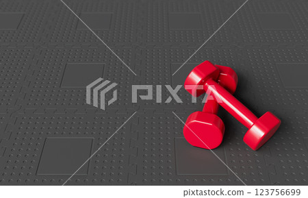 Red Dumbbells on a Black Rubber Mat. 3D Rendering 123756699