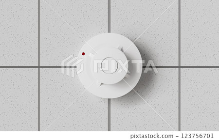 Fire Detector on the Tile Ceiling. 3D Rendering 123756701
