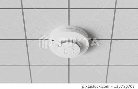 Fire Detector on the Tile Ceiling. 3D Rendering 123756702