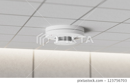 Fire Detector on the Tile Ceiling. 3D Rendering 123756703