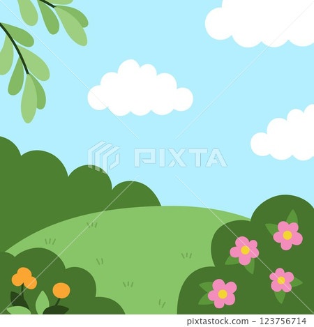 Vector square nature backgrounds. Country, farm or village landscape. Cute scenery with meadow, tree, bushes, sky, flowers, clouds. Forest or woodland scene illustration for kids Vector square nature backgrounds. Country, farm or village landscape. Cute scenery with meadow, tree, bushes, sky, flowers, clouds. Forest or woodland scene illustration for kids 123756714