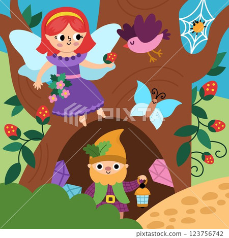Vector square fairyland background with berry fairy feeding bird, dwarf. Magic land landscape. Woodland scenery with cute princess. Fantasy forest scene illustration. Fairytale picture 123756742