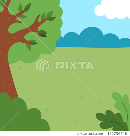 Vector square nature backgrounds. Country, farm or village landscape. Cute scenery with meadow, tree, bushes, sky, flowers, clouds. Forest or woodland scene illustration for kids Vector square nature backgrounds. Country, farm or village landscape. Cute scenery with meadow, tree, bushes, sky, flowers, clouds. Forest or woodland scene illustration for kids 123756746