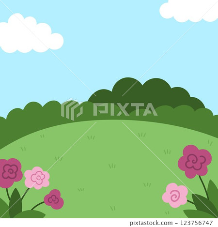 Vector square nature backgrounds. Country, farm or village landscape. Cute scenery with meadow, tree, bushes, sky, flowers, clouds. Forest or woodland scene illustration for kids Vector square nature backgrounds. Country, farm or village landscape. Cute scenery with meadow, tree, bushes, sky, flowers, clouds. Forest or woodland scene illustration for kids 123756747