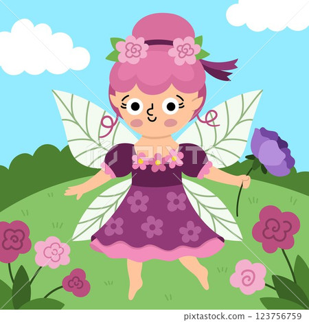 Vector square background with flower fairy. Fairyland landscape illustration. Cute scenery with magic princess with wings, meadow, sky. Fantasy nature scene illustration. Fairytale picture for kid Vector square background with flower fairy. Fairyland landscape illustration. Cute scenery with magic princess with wings, meadow, sky. Fantasy nature scene illustration. Fairytale picture for kid 123756759