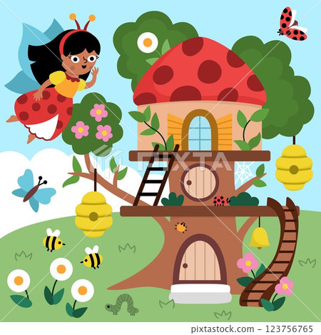 Vector square fairyland background with bug fairy, ladybird treehouse, bees. Magic land landscape. Woodland scenery with cute princess. Fantasy forest scene illustration. Fairytale picture 123756765