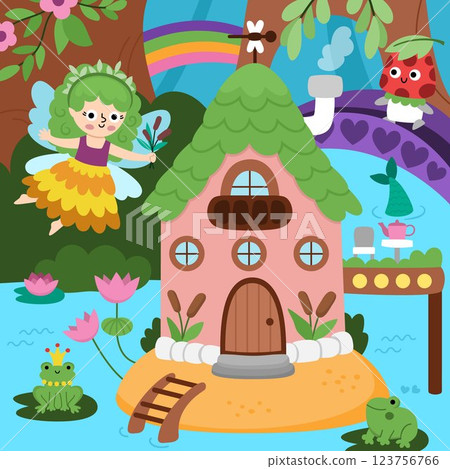 Vector square fairyland background with swamp fairy, mermaid house, reeds. Magic land landscape. Woodland scenery with cute princess. Fantasy forest scene illustration. Fairytale picture 123756766