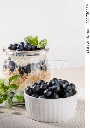 Fresh blueberry in bowl, yogurt with granola and forest blueberry and mint in glass jar Copy space Fresh blueberry in bowl, yogurt with granola and forest blueberry and mint in glass jar Copy space 123756989