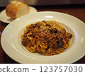 Fettuccine with eggplant bolognese sauce 123757030