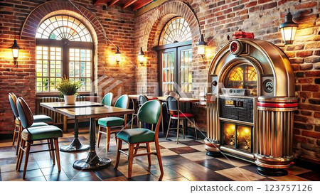 An image of a classic diner interior with a vintage-style jukebox, cherrywood bar stools and booths, a tiled floor, and windows with stained glass panes. An image of a classic diner interior with a vintage-style jukebox, cherrywood bar stools and booths, a tiled floor, and windows with stained glass panes. 123757126