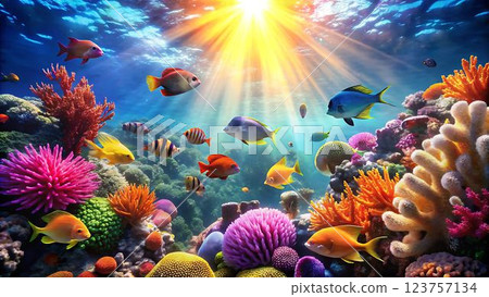 A vibrant underwater scene depicting a colorful coral reef teeming with an array of tropical fish, bathed in the warm glow of sunlight streaming through the crystal-clear water.  The scene is full of 123757134