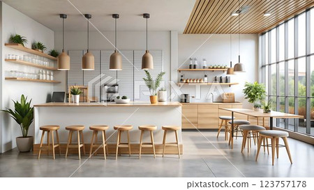 The image shows a minimalist cafe interior with a long wooden counter, a row of wooden stools, and a table with two gray stools. The cafe has a wooden slat ceiling, large windows, and a white wall wi 123757178
