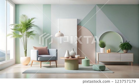The image shows a modern living room with a light green and white color scheme. There is a comfortable armchair with a pink pillow, a round coffee table with a striped base, a white cabinet with wood 123757179
