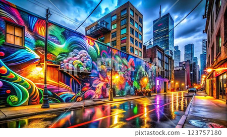 The image shows a narrow alleyway in a city at night. The alley is lined with buildings on either side, one of which has a large, bright, colorful mural on its wall. The mural is made up of abstract 123757180