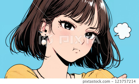 Annoyed woman puffing out her cheeks and folding her arms 123757214