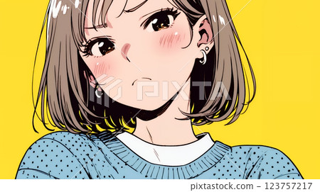 Annoyed woman puffing out her cheeks and folding her arms 123757217