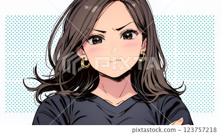 Annoyed woman puffing out her cheeks and folding her arms 123757218