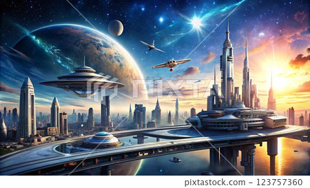 The image showcases a futuristic city with towering skyscrapers, flying vehicles, and a large, circular platform hovering above the clouds. The city is bathed in the golden glow of a setting sun, and 123757360