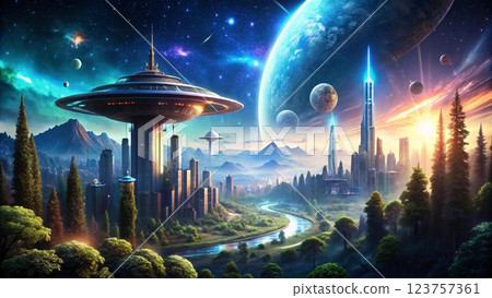 The image depicts a futuristic cityscape with towering buildings and a flying saucer hovering above, all set against a backdrop of a starry night sky with a large planet in the upper right corner, a The image depicts a futuristic cityscape with towering buildings and a flying saucer hovering above, all set against a backdrop of a starry night sky with a large planet in the upper right corner, a 123757361