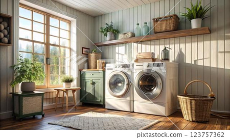 The image shows a laundry room with two white washing machines, a wicker basket, a wooden shelf with two glass bottles and a wicker basket, a green cabinet with a wicker basket on top, a potted plant The image shows a laundry room with two white washing machines, a wicker basket, a wooden shelf with two glass bottles and a wicker basket, a green cabinet with a wicker basket on top, a potted plant 123757362