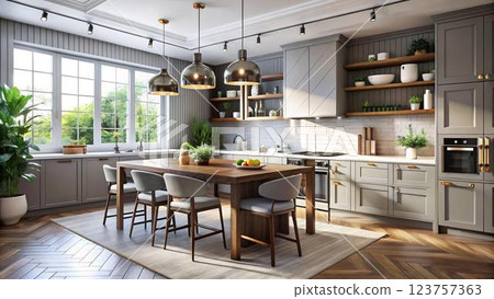 The image shows a kitchen with gray cabinets and a wooden table with four chairs. The kitchen has a large window, an oven, and a stove top. The floor is made of herringbone wood and there is a rug 123757363