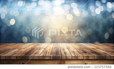 A wooden table top with visible wood grain sits in front of a blurred background of blue and white round bokeh with a warm golden bokeh in the 123757388