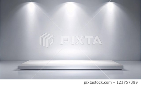 A white platform sits in the center of the image against a white background with three spotlights illuminating it from 123757389