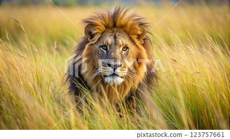 A majestic lion with a thick mane stares intently from a field of tall grass. 123757661