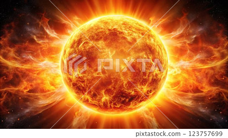 The image depicts a blazing sun with radiating light and fiery flares against a backdrop of a dark, starry space. The image depicts a blazing sun with radiating light and fiery flares against a backdrop of a dark, starry space. 123757699