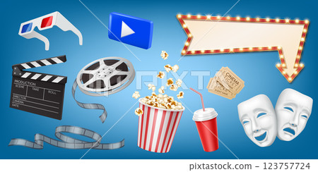 Cinema and movie industry icons set with 3D elements 123757724