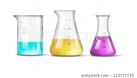 Three Laboratory Flasks with Colorful Liquids Three Laboratory Flasks with Colorful Liquids 123757739