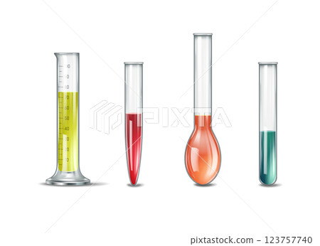 Various Laboratory Glassware with Colored Liquids 123757740