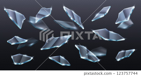 High-speed breaking glass effect with glowing shards 123757744